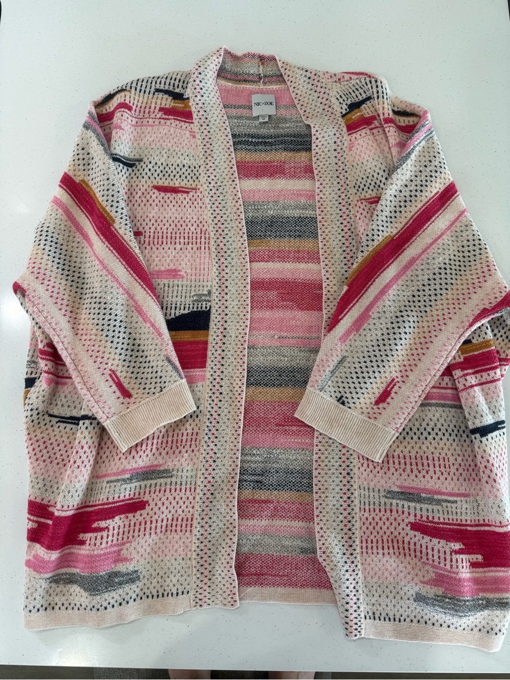 NIC+ZOE Mirage Cardigan Pink Patterned Open-Front Sweater